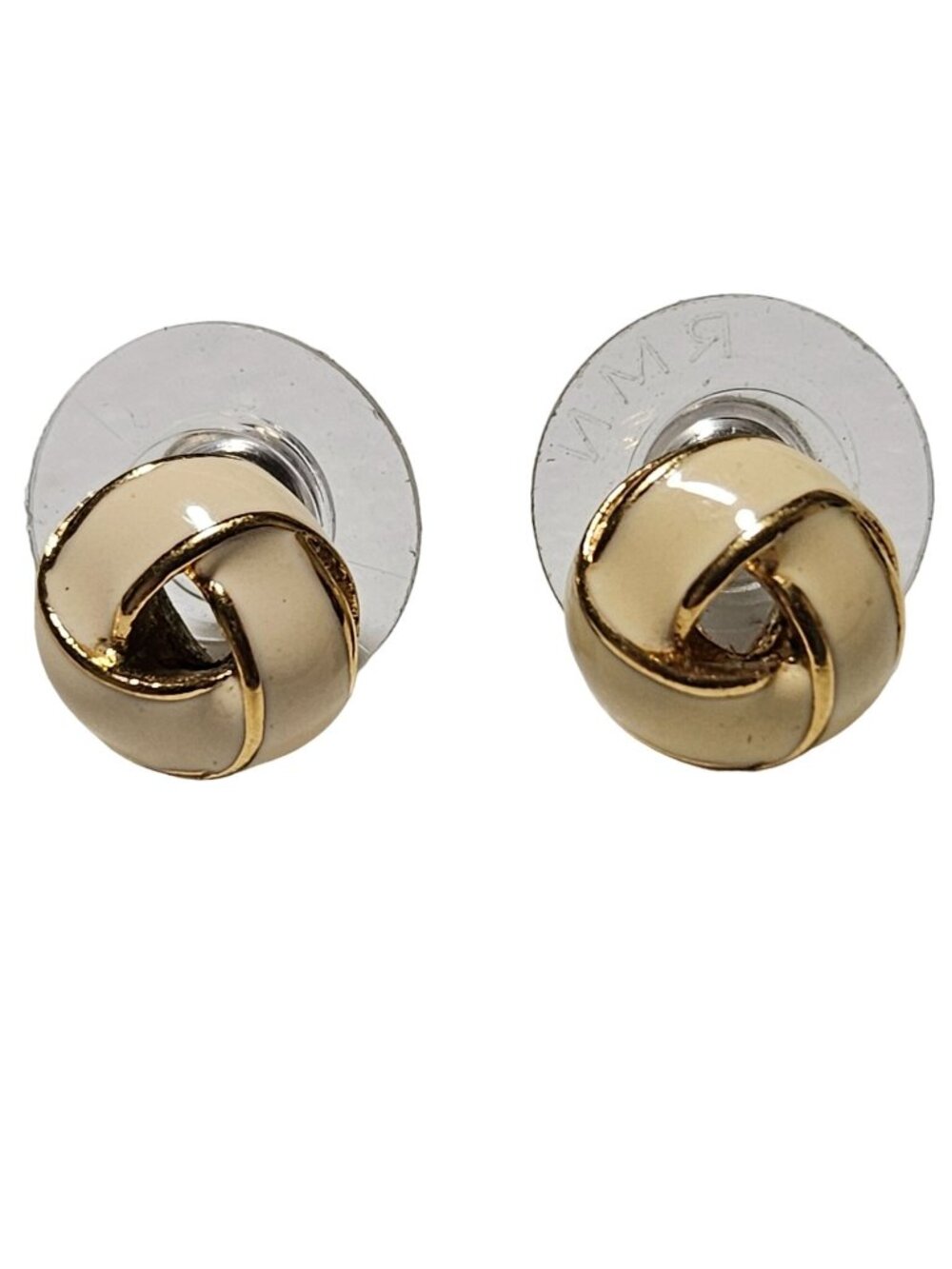 Vintage Knot Stud Earrings Cream Enamel Gold Tone Accents Retro 50s 60s Fashion